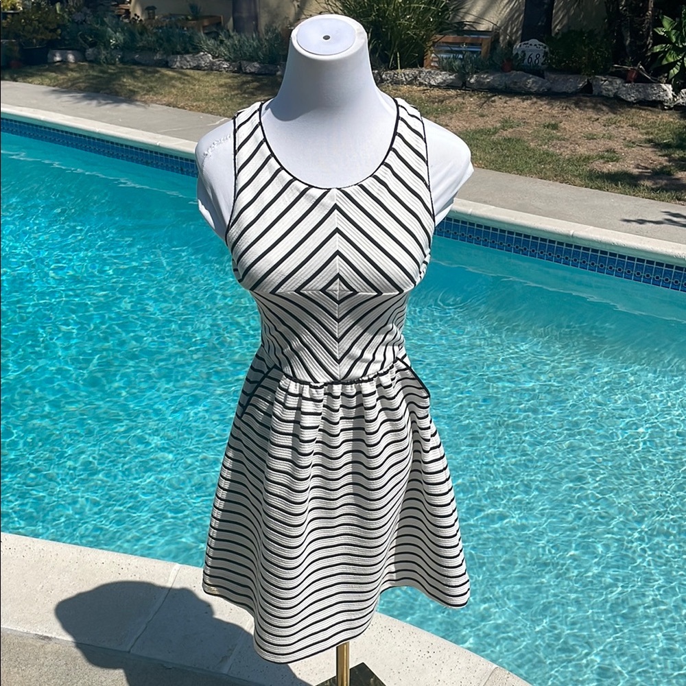 Anthropologie | Mauve Striped Black and White Sleeveless Dress with pockets
